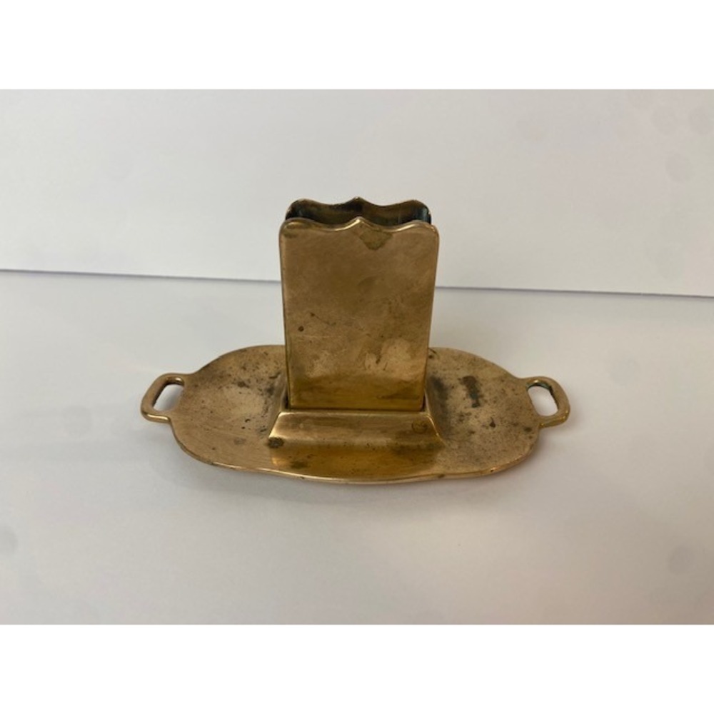 Vintage Brass Cigar Match Holder Ashtray Scalloped Matchbox Sleeve with Handles